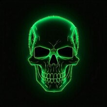 Human Skull Glowing With Green Neon Light In A Black Background, Generative AI