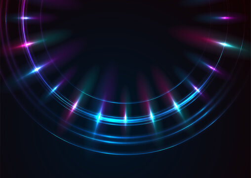 Blue purple neon laser rings with rays abstract background. Technology vector design