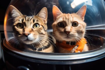 Wall Mural - kitty and doggy floating in spacecraft, heads tilted and eyes shining with curiosity, created with g