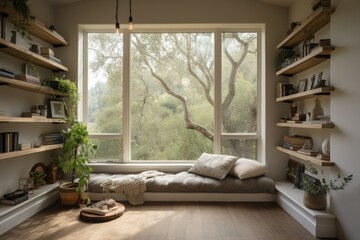 Poster - cozy reading nook surrounded by windows and natural light, with view of greenery, created with generative ai