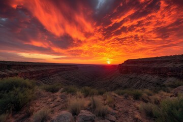 Wall Mural - fiery sunset over canyon, with clouds and sky in the background, created with generative ai