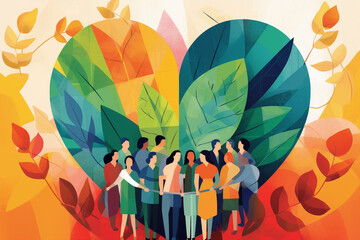 Charity illustration concept with abstract, diverse persons, hands and hearts. Community compassion, love, and support towards those in need