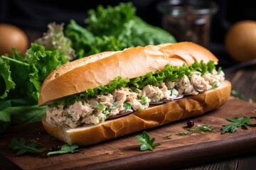 Wall Mural - tuna salad sandwich on toasted slice of baguette, garnished with fresh herbs, created with generative ai