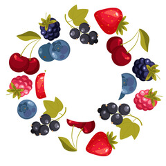template, frame of raspberries, blackberries, blueberries, currants, blueberries, strawberries. vector illustration. free white circle for text