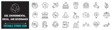 ESG, Environmental Social Governance  Editable Stroke Icon. Contains Such Icons As Governance, Climate Crisis, Sustainable, Sustainability, Human Rights And Responsible Investment. ESG Thin Line Icons
