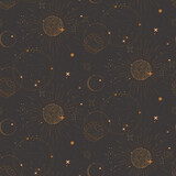 Fototapeta Boho - universe alchemy space background, crescent celestal astrology seamless pattern. Night sky Star constellation