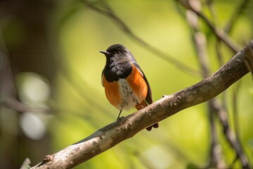 Canvas Print - male redstart bird resting on tree branch, with wings spread, created with generative ai