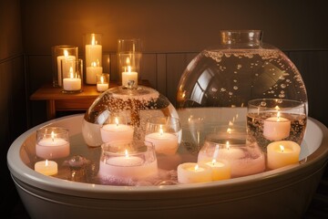 Poster - relaxing bubble bath with scented candles and soothing music, created with generative ai