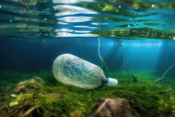 Poster - plastic bottle trapped in netting, surrounded by fish and aquatic plants, created with generative ai