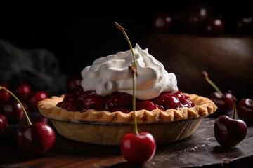 Sticker - cherry pie, topped with whipped cream and garnished with cherry, created with generative ai