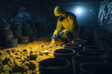 Wall Mural - person, sifting through mounds of nuclear waste to find valuable elements, created with generative ai