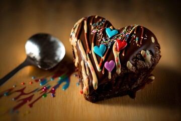 Sticker - heart-shaped brownie with heart-themed chocolate drizzle and sprinkles, created with generative ai