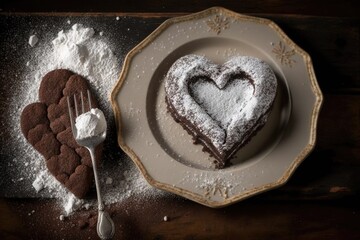 Poster - heart-shaped brownie on plate with heart-shaped cookie cutter and sprinkling of powdered sugar, created with generative ai