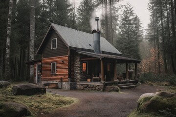 Poster - a cozy cabin with a fireplace and chimney, surrounded by forest, created with generative ai