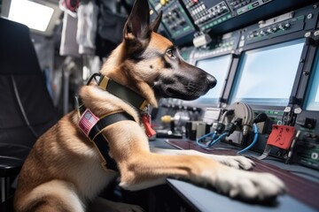 Wall Mural - canine astronaut, with his paw on button to activate rocket thrusters, in the cockpit of spacecraft,