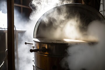 Sticker - close-up of maple sap evaporator, with steam rising from the boiling sap, created with generative ai