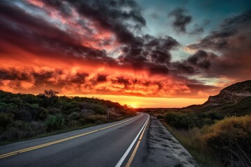 Wall Mural - scenic highway at sunrise, with dramatic sky and clouds in the background, created with generative ai