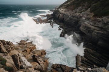 Sticker - majestic coastal cliffs, with waves crashing against the rocks below, created with generative ai