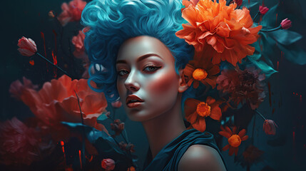 Portrait of a woman with flowers and blue hair, fashion ai illustration 