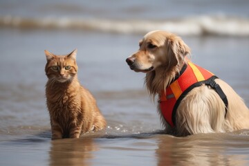 Sticker - dog and cat lifeguards having a race to see who can reach the end of beach first, created with generative ai