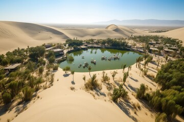 Canvas Print - desert oasis with bird's-eye view of the dunes and rolling sand, created with generative ai