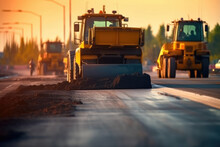 New Asphalt Road Construction. Road Workers And Construction Machinery On The Construction Site