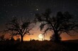 harvest moon, with silhouette of trees against starry sky, created with generative ai