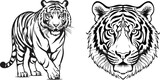 Fototapeta Koty - Set of tiger's head and body vector silhouettes. Black tattoo illustration. Suitable for logo art, tattoo, stickers, cards, t-shirt design etc