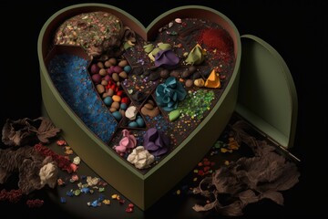 Sticker - heart-shaped box overflowing with colorful and exotic truffles, created with generative ai