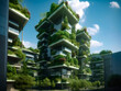 Green futuristic skyscraper Bosco Verticale, vertical forest building with gardens on balconies. Modern sustainable architecture in Porta Nuova area. Generative AI