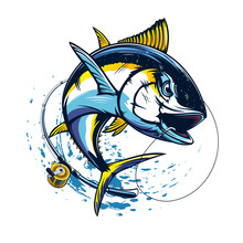 Tuna Fishing Logo Vector  Illustration. Tuna Fishing Emblem Isolated. Ocean Fish Logo. Saltwater Fishing Theme.