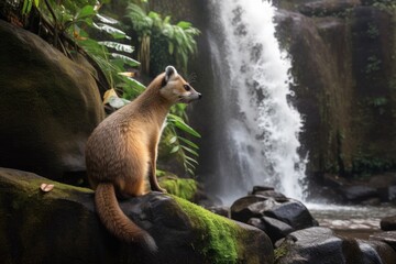 Wall Mural - exotic pet with view of towering waterfall, cascading water, created with generative ai