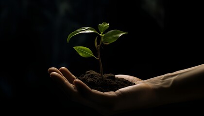 Wall Mural - Plant in hand on a dark background 