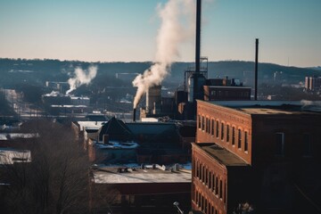 Sticker - black smoke rising from factory chimney, with view of city skyline in the background, created with generative ai