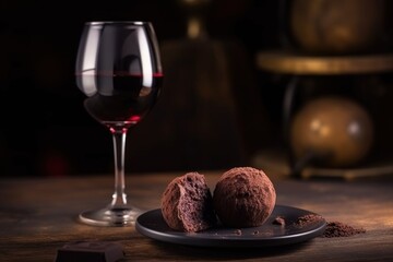 Canvas Print - chocolate truffle with warm glass of red wine, created with generative ai