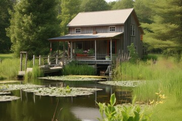 Poster - eco-friendly bed and breakfast, with deck overlooking private pond, created with generative ai