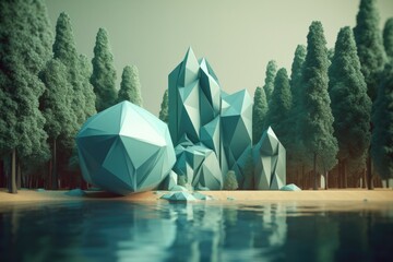 Poster - 3d geometric forms merging with natural setting, creating stunning visual, created with generative ai