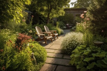 Sticker - a serene garden setting with comfortable lounge chairs and a bench, created with generative ai