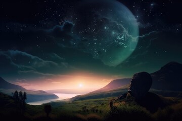 Wall Mural - abstract and surreal landscape with the moon shining above, surrounded by stars, created with genera