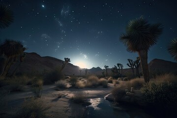 Wall Mural - night sky with stars and moon, shining down over oasis in desert, created with generative ai