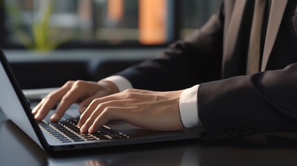 Poster - Businessman working at a laptop computer, close-up.Generative AI