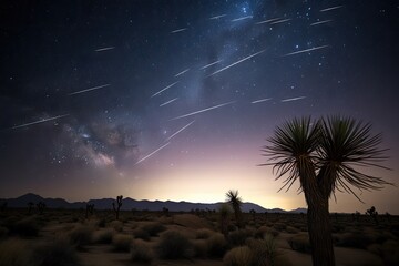 Wall Mural - night sky with shooting stars and starlit desert landscape, created with generative ai