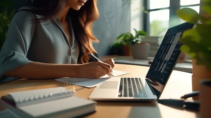 Poster - Business woman working at a laptop computer, close-up.Generative AI