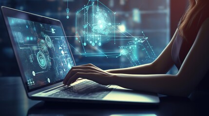 Poster - Business woman working at a laptop computer, close-up.Generative AI