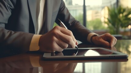 Poster - Close up of casual man or freelancer working on laptop computer and holding mobile smart phone with reflection on blank screen.Generative AI