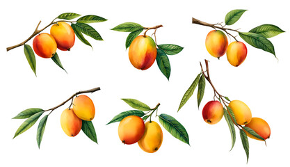 Wall Mural - Set of watercolour mango isolated on transparent background. Generative Ai