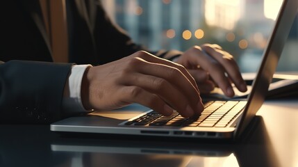 Poster - Businessman working at a laptop computer, close-up.Generative AI