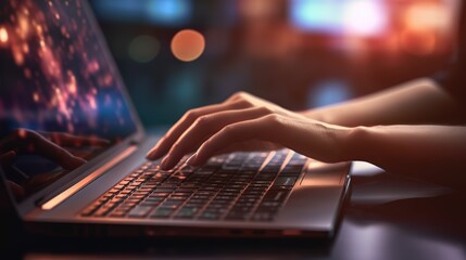 Poster - Business woman working at a laptop computer, close-up.Generative AI