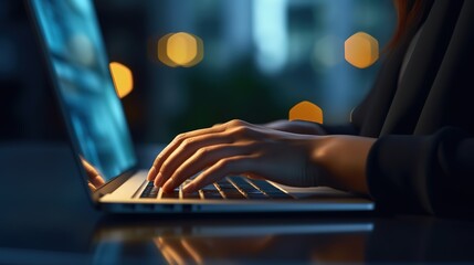 Poster - Business woman working at a laptop computer, close-up.Generative AI