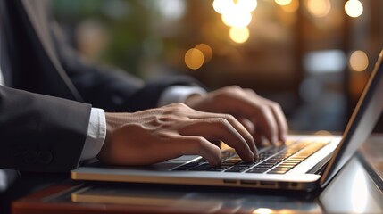 Poster - Businessman working at a laptop computer, close-up.Generative AI